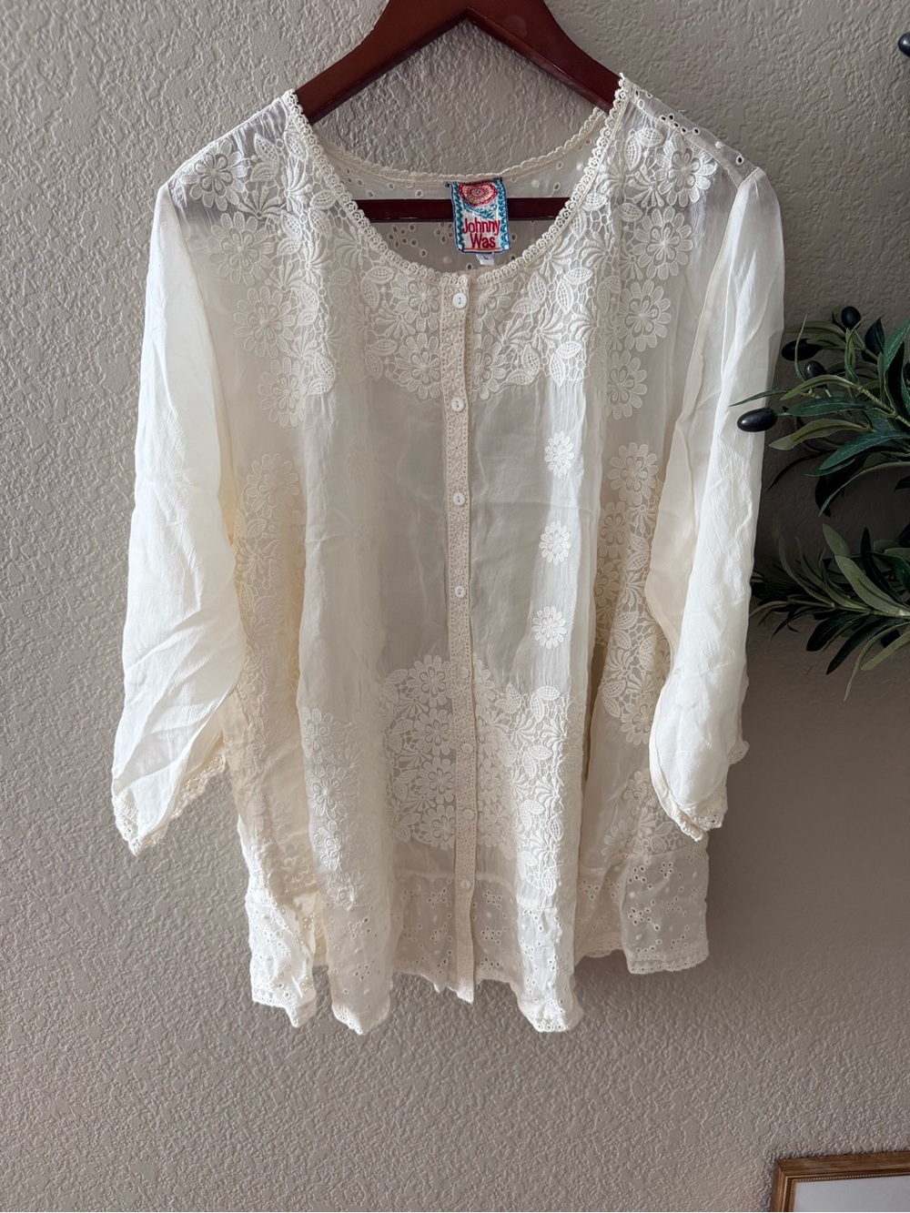 Johnny Was Ivory White Embroidered Eyelet Lace Tunic Blouse Size L